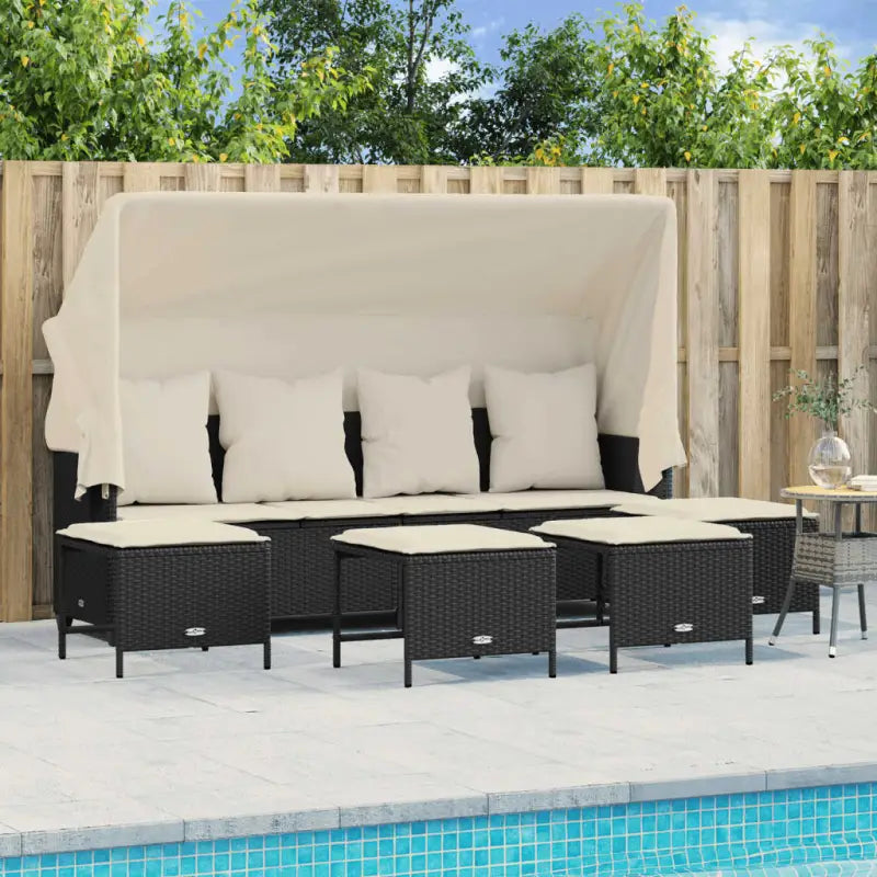 Loungezets in poly rattan met verstelbare posities en gepoedercoat staal - Zwart / met luifel - Tuinsets