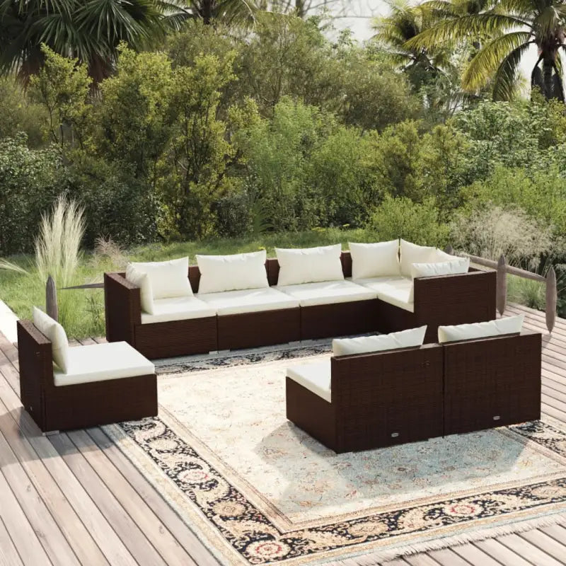 Luxe poly rattan tuinset met waterbestendig materiaal en diepe zitting - Bruin en crème / 3x hoek + 5x midden - Tuinsets
