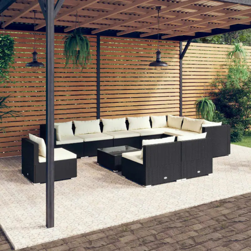 Luxe poly rattan tuinset met waterbestendig materiaal en diepe zitting - Zwart en crème / 3x hoek + 7x midden + Tafel