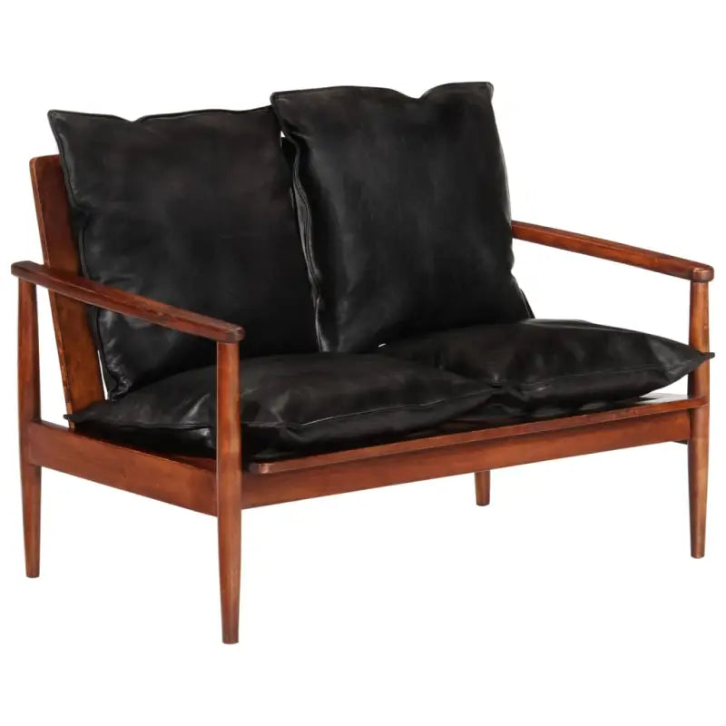 Luxe tweezitsbank met massief acaciahout en echt leer sfeer - Zwart en bruin - Banken