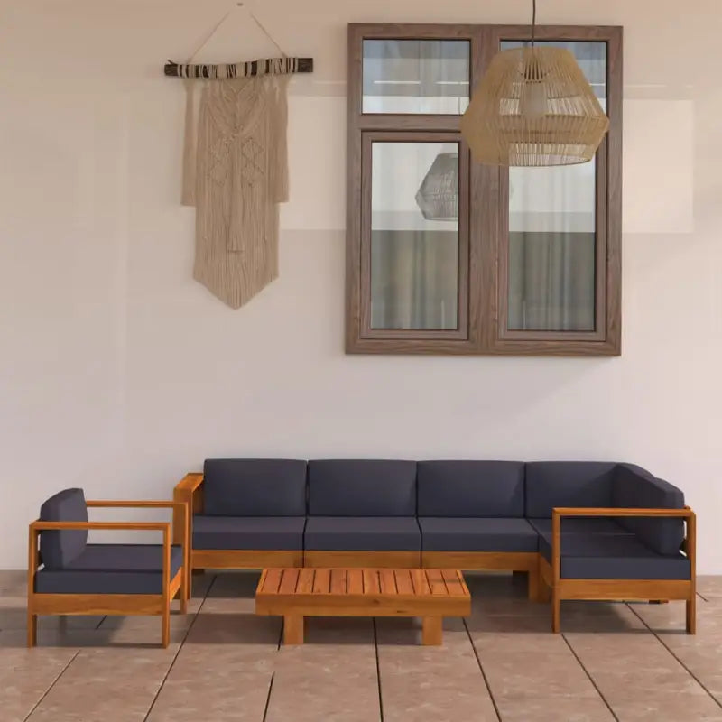 Massief acaciahout loungeset met afmetingen middenbank voor tuin en terras - Donkergrijs / hoek + 4x midden + Fauteuil