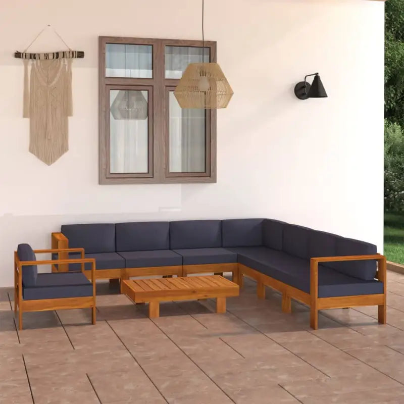 Massief acaciahout loungeset met afmetingen middenbank voor tuin en terras - Donkergrijs / hoek + 6x midden + Fauteuil