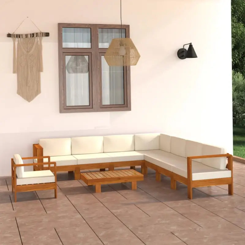 Massief acaciahout loungeset met afmetingen middenbank voor tuin en terras - Crème / hoek + 6x midden + Fauteuil