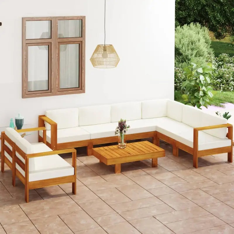 Massief acaciahout loungeset met afmetingen middenbank voor tuin en terras - Crème / hoek + 5x midden + Bank + Tafel