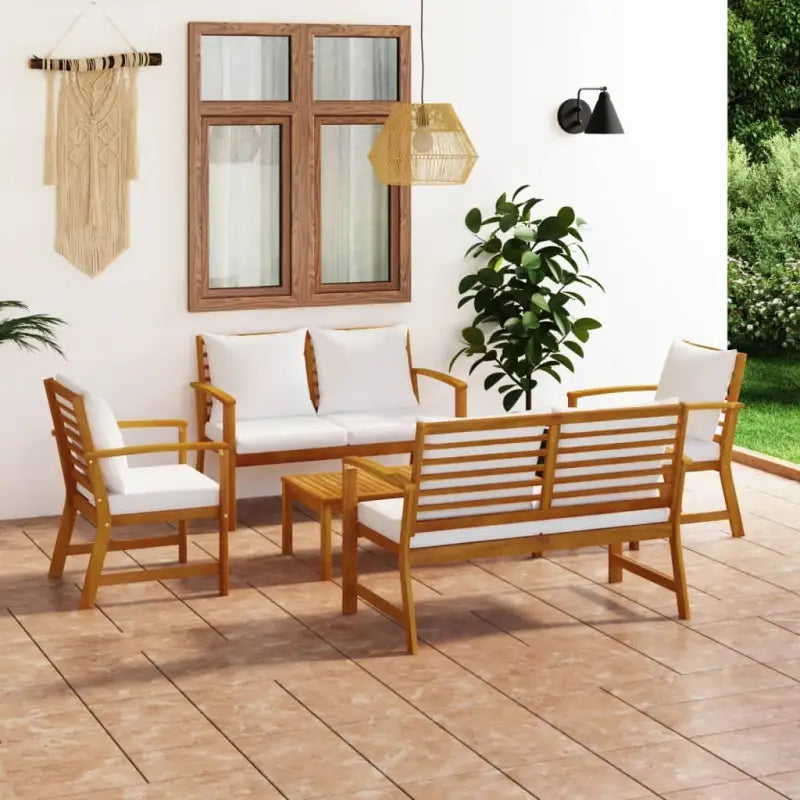 Massief Acaciahout Loungeset voor Tuin met Stijl en Functionaliteit - Crème / 2x Fauteuil + 2x Bank + Tafel - Tuinsets