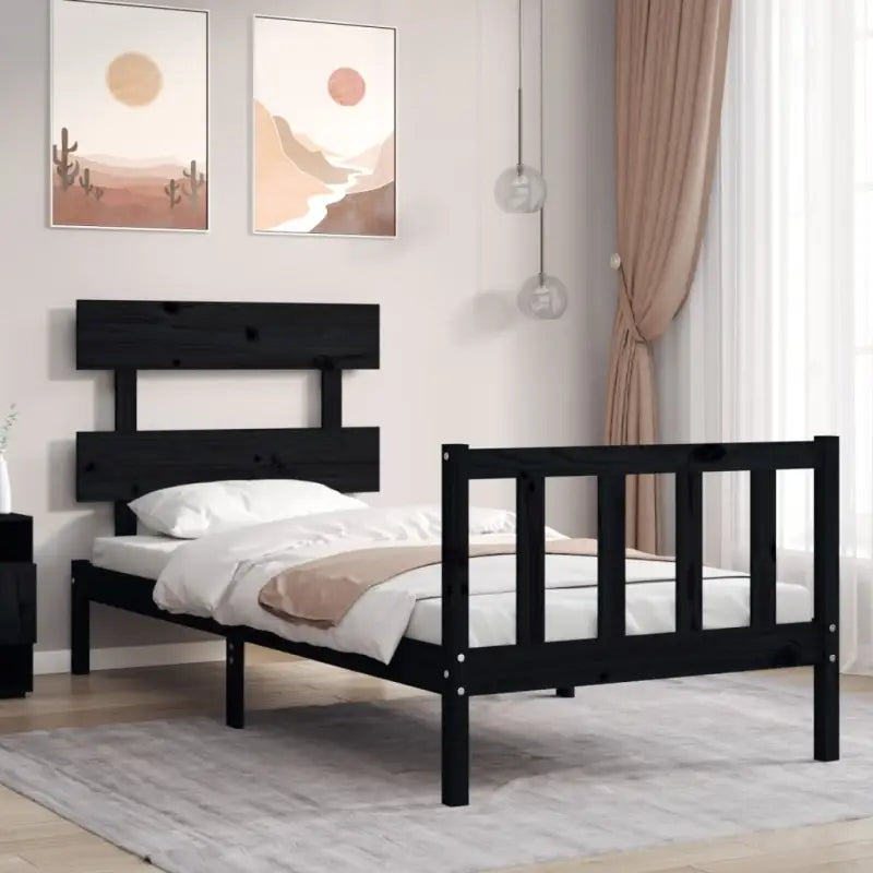 Massief Grenenhout Bedframe voor Uitstekende Ondersteuning en Decoratie - Zwart / 75 x 190 cm / met hoofdbord &