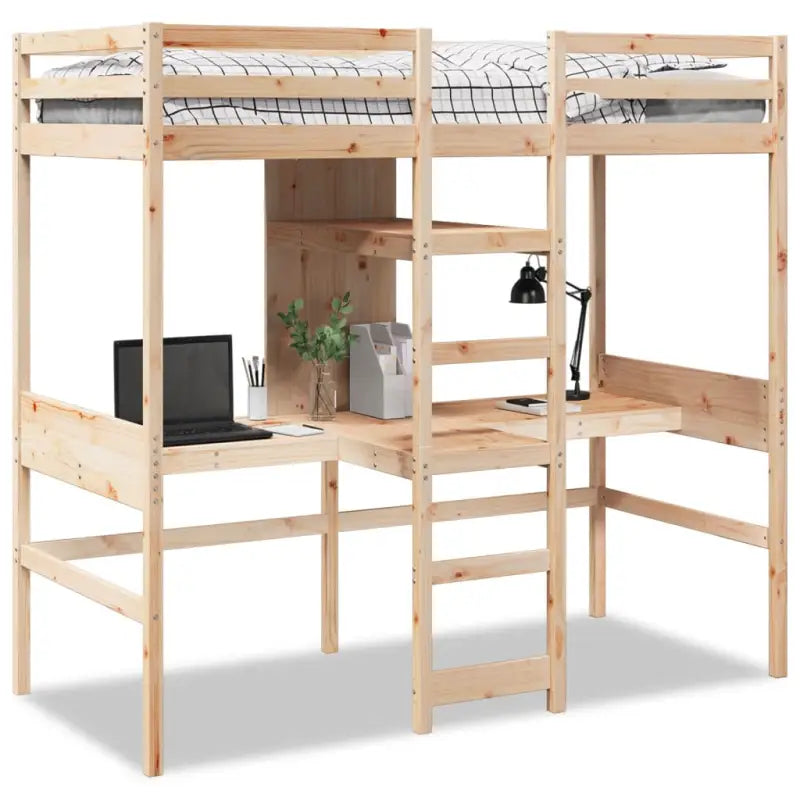 Massief Grenenhout Hoogslaper met Bureau Ideale Keuze voor Beperkte Ruimte - Naturel / 90 x 200 cm - Bedden & bedframes