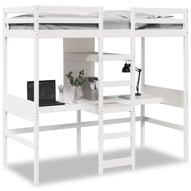 Massief Grenenhout Hoogslaper met Bureau Ideale Keuze voor Beperkte Ruimte - Wit / 90 x 200 cm - Bedden & bedframes