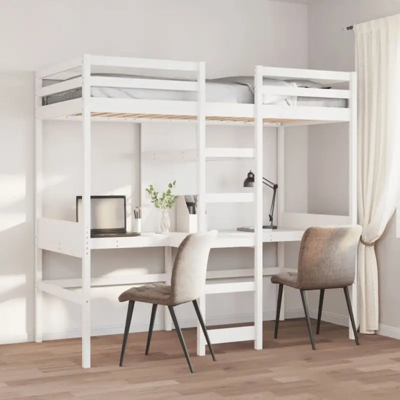 Massief Grenenhout Hoogslaper met Bureau Ideale Keuze voor Beperkte Ruimte - Wit / 90 x 190cm cm - Bedden & bedframes