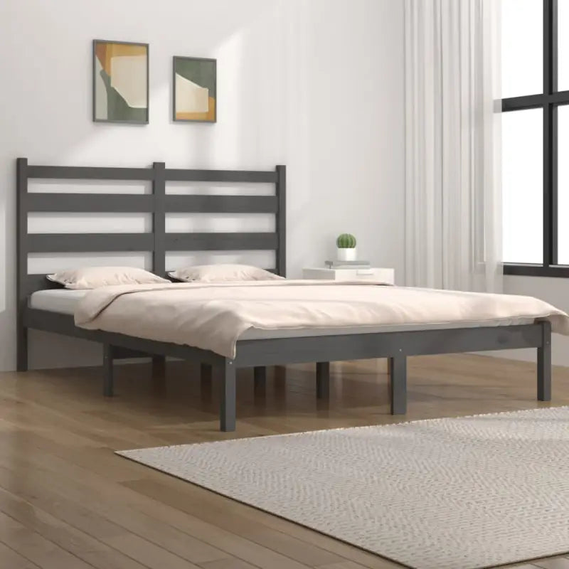 Massief grenenhout houten bedframe met aanvullende ondersteuning - Grijs / 135 x 190 cm - Bedden & bedframes