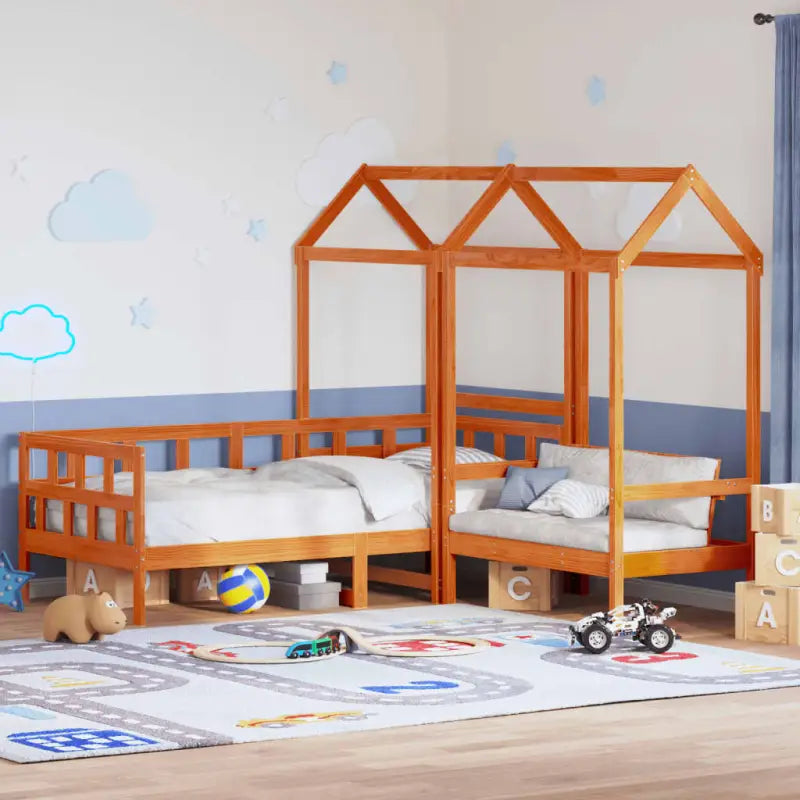 Massief Grenenhout Slaapbank met Huisje en Bankje in Witmateriaal - Wasbruin / 90 x 190 cm - Bedden & bedframes