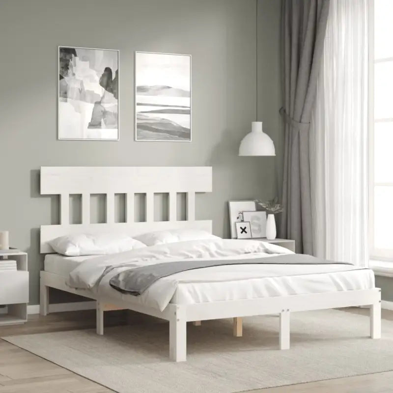 Massief Grenenhouten bedframe voor uitstekende ondersteuning en natuurlijk sfeer - Wit / 140 x 190 cm / met hoofdbord