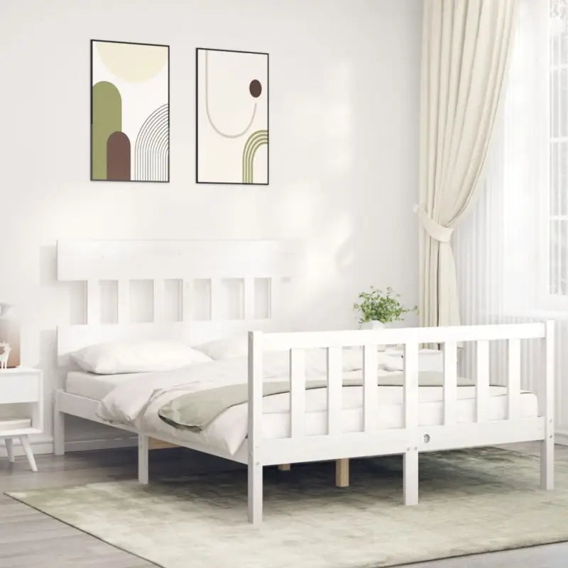 Massief Grenenhouten bedframe voor uitstekende ondersteuning en natuurlijk sfeer - Wit / 140 x 190 cm / met hoofdbord &