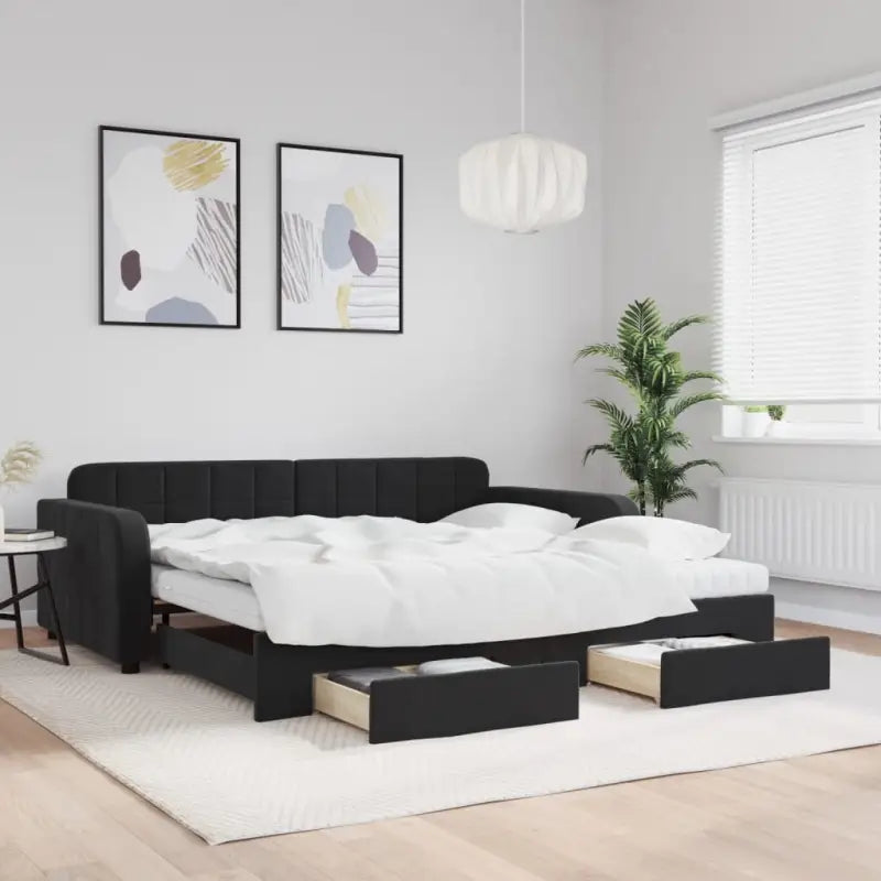 Massief hout dagbed met modern ontwerp voor woonkamer of slaapkamer - Zwart / 100 x 200 cm / met onderschuifbed en lade