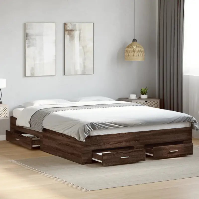 Modern bedframe met lades van bewerkt hout voor een eigentijdse slaapkamer - bruin eikenkleur / 150 x 200 cm - Bedden &