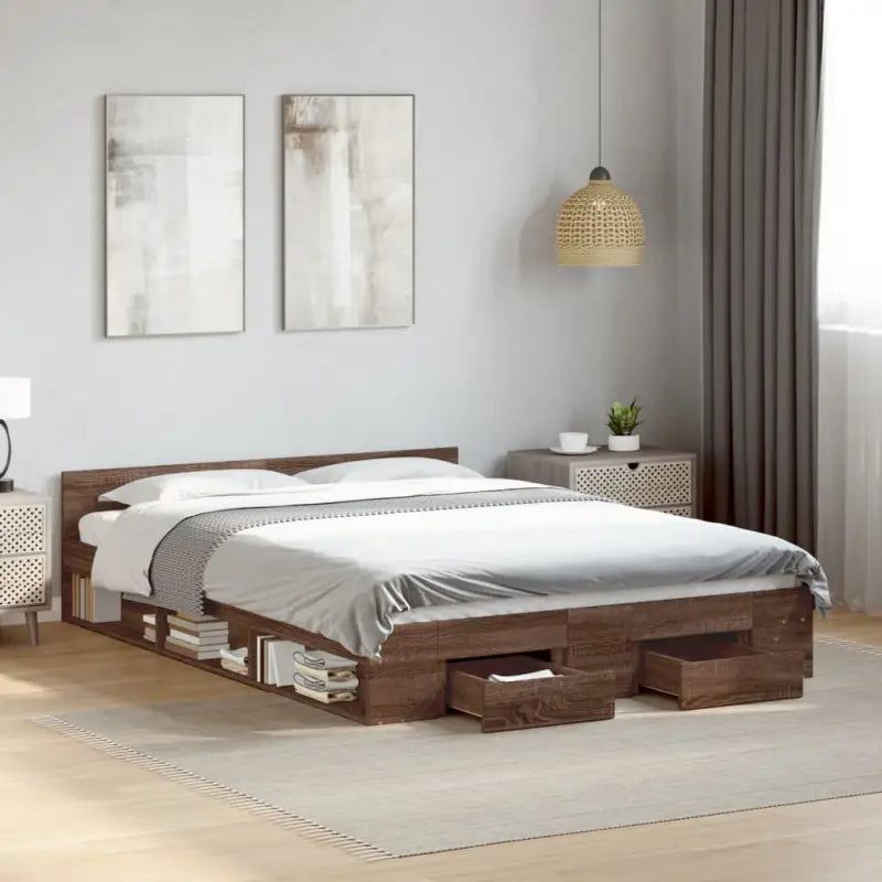Modern bedframe met lades van bewerkt hout voor een stijlvolle slaapkamer - bruin eikenkleur / 150 x 200 cm - Bedden &