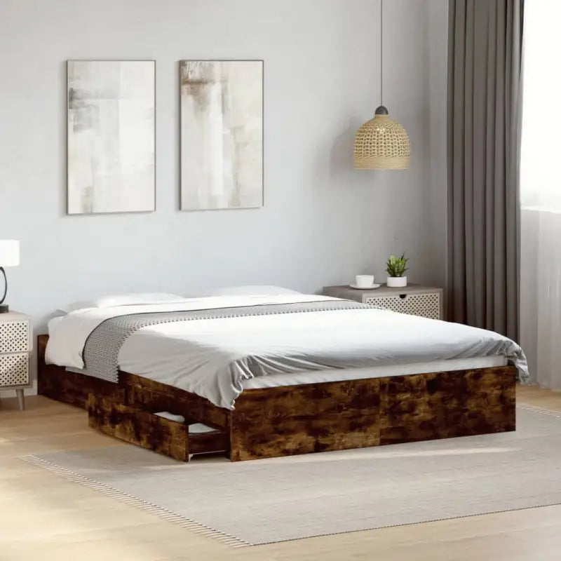 Modern bedframe met lades van bewerkt hout voor een stijlvolle slaapkamer - Gerookt eiken / 120 x 190 cm - Bedden &