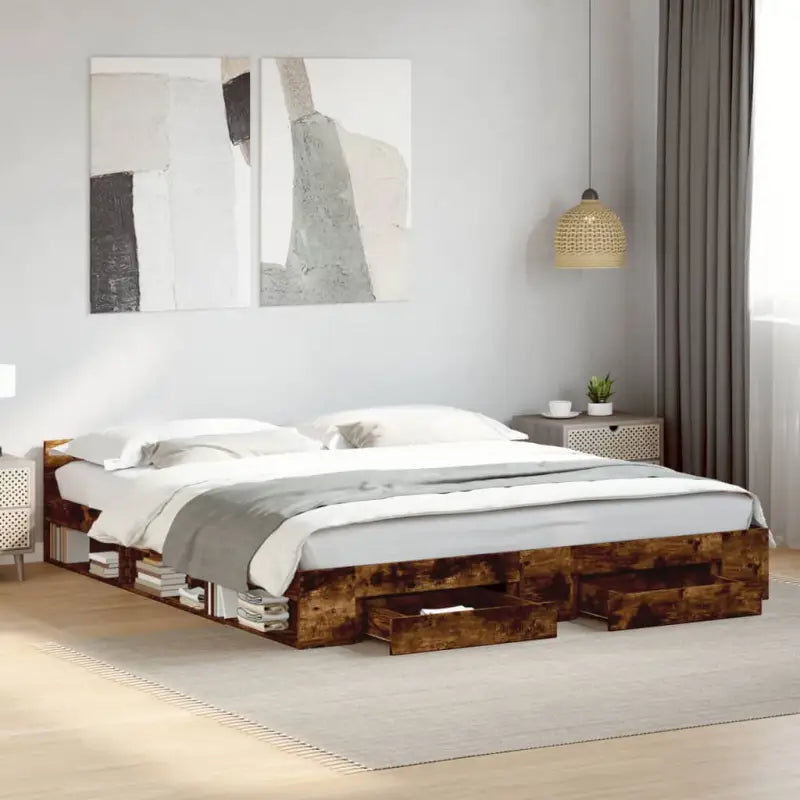 Modern bedframe met lades van bewerkt hout voor een stijlvolle slaapkamer - Gerookt eiken / 200 x 200 cm - Bedden &