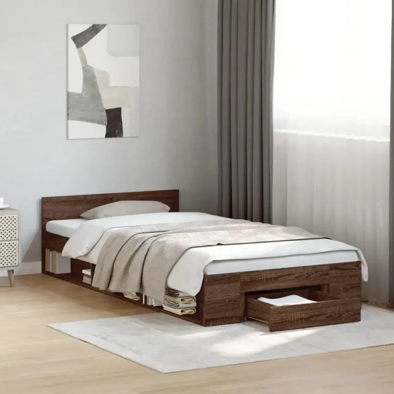 Modern bedframe met lades van bewerkt hout voor een stijlvolle slaapkamer - bruin eikenkleur / 90 x 200 cm - Bedden &