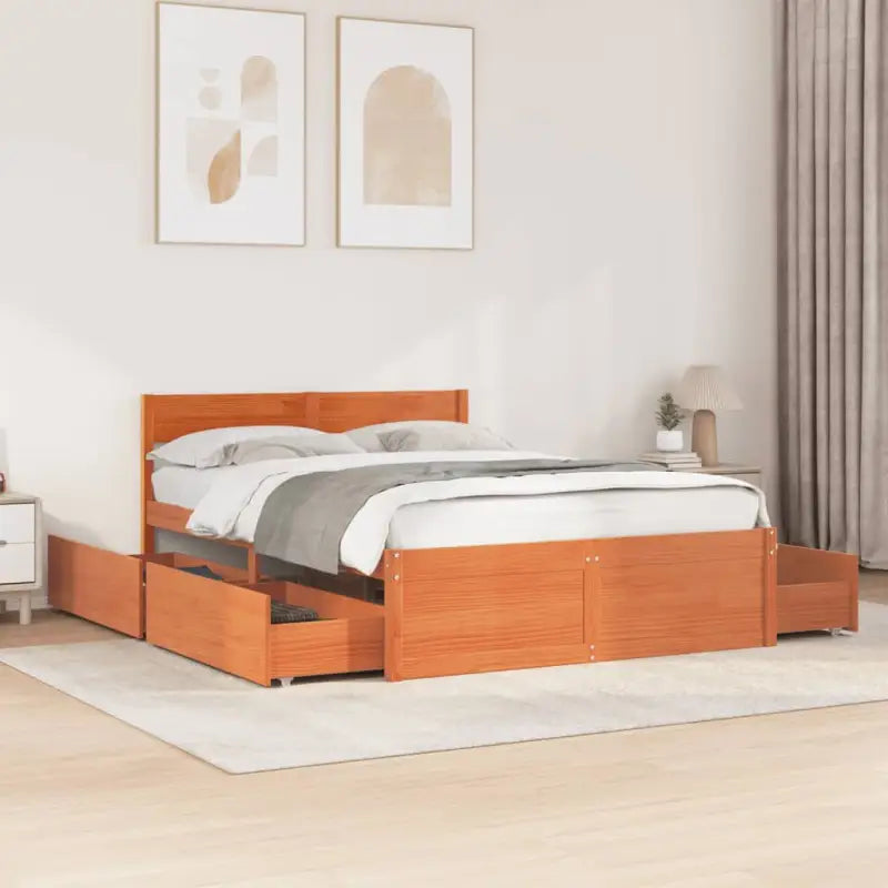Modern bedframe met lades van massief grenenhout en multiplex lattenbodem - Wasbruin / 120 x 190 cm - Bedden & bedframes