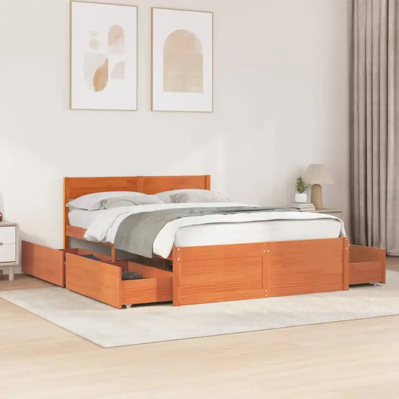 Modern bedframe met lades van massief grenenhout en multiplex lattenbodem - Wasbruin / 140 x 190 cm - Bedden & bedframes