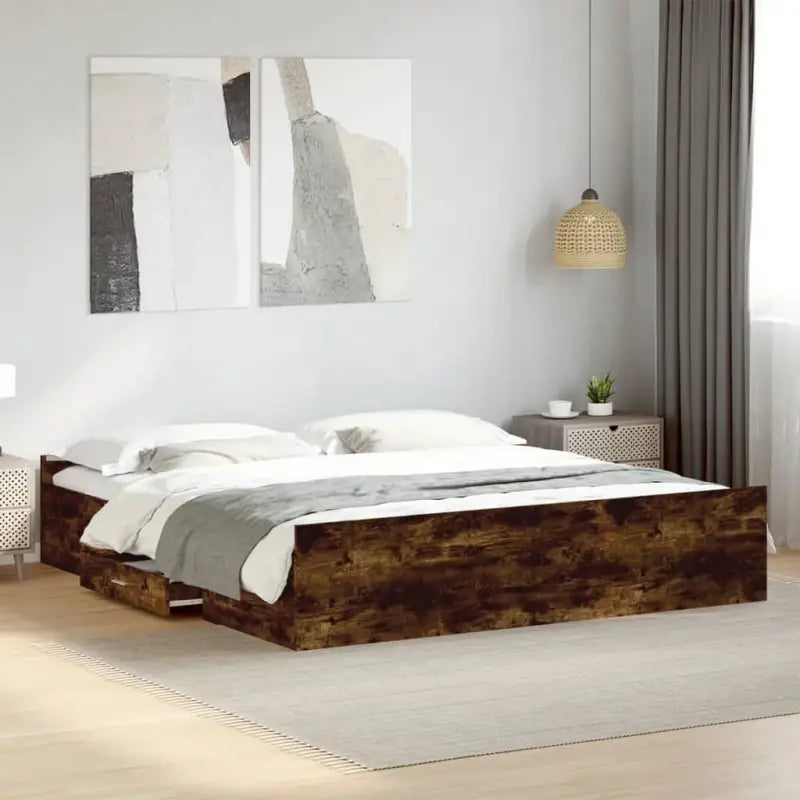Moderne bedframe met lades van bewerkt hout voor een stijlvolle slaapkamer - Gerookt eiken / 200 x 200 cm - Bedden &