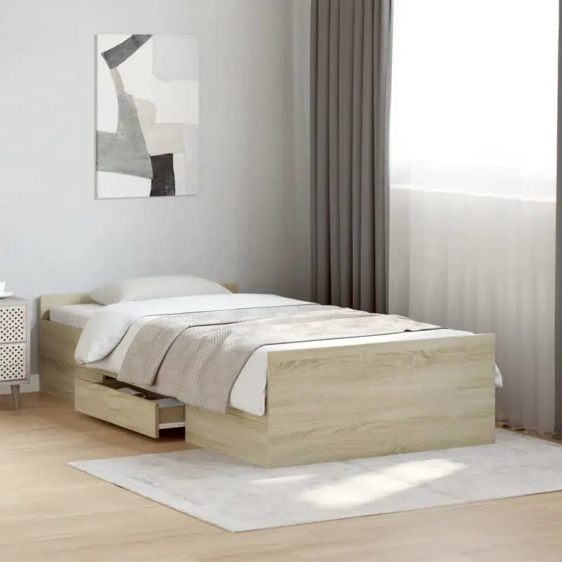 Moderne bedframe met lades van bewerkt hout voor een stijlvolle slaapkamer - Sonoma eiken / 100 x 200 cm - Bedden &