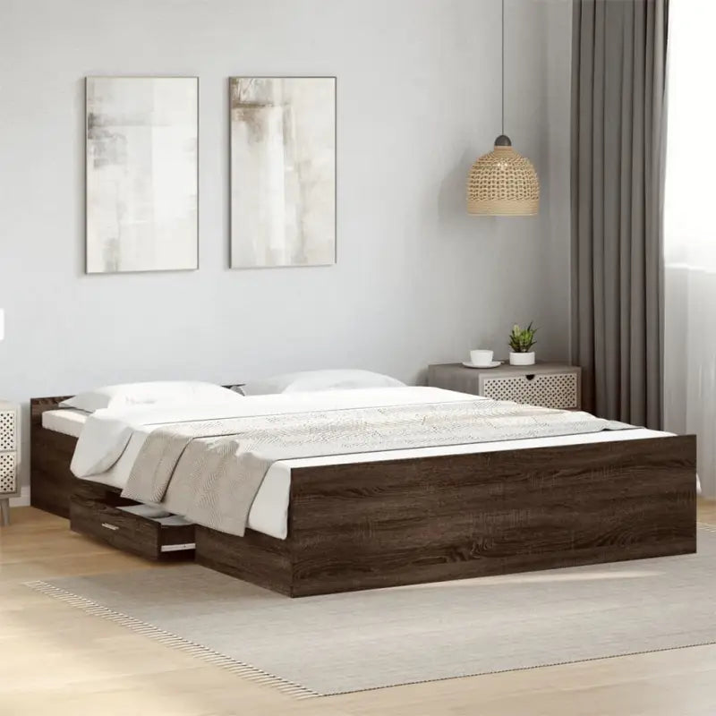Moderne bedframe met lades van bewerkt hout voor een stijlvolle slaapkamer - bruin eikenkleur / 150 x 200 cm - Bedden &