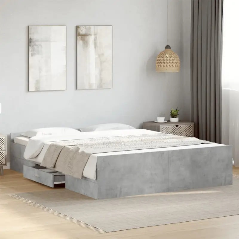 Moderne bedframe met lades van bewerkt hout voor een stijlvolle slaapkamer - Betongrijs / 160 x 200 cm - Bedden &