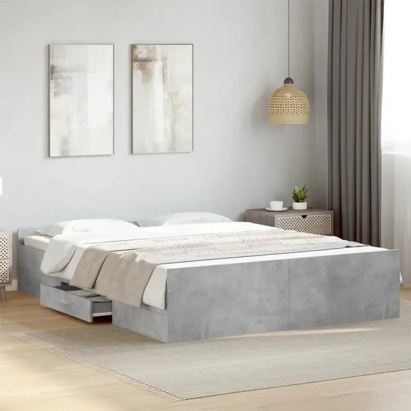 Moderne bedframe met lades van bewerkt hout voor een stijlvolle slaapkamer - Betongrijs / 150 x 200 cm - Bedden &
