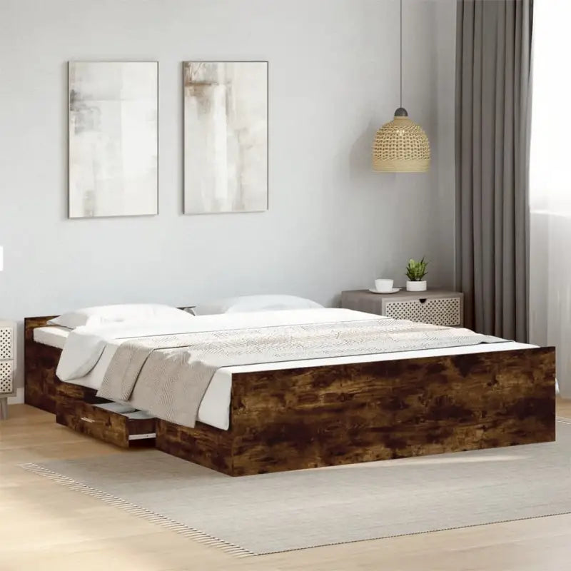 Moderne bedframe met lades van bewerkt hout voor een stijlvolle slaapkamer - Gerookt eiken / 140 x 200 cm - Bedden &