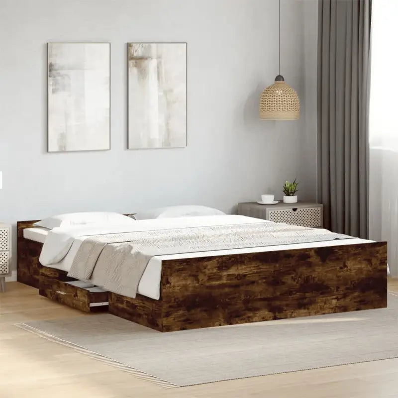 Moderne bedframe met lades van bewerkt hout voor een stijlvolle slaapkamer - Gerookt eiken / 150 x 200 cm - Bedden &