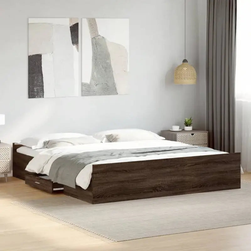 Moderne bedframe met lades van bewerkt hout voor een stijlvolle slaapkamer - bruin eikenkleur / 200 x 200 cm - Bedden &