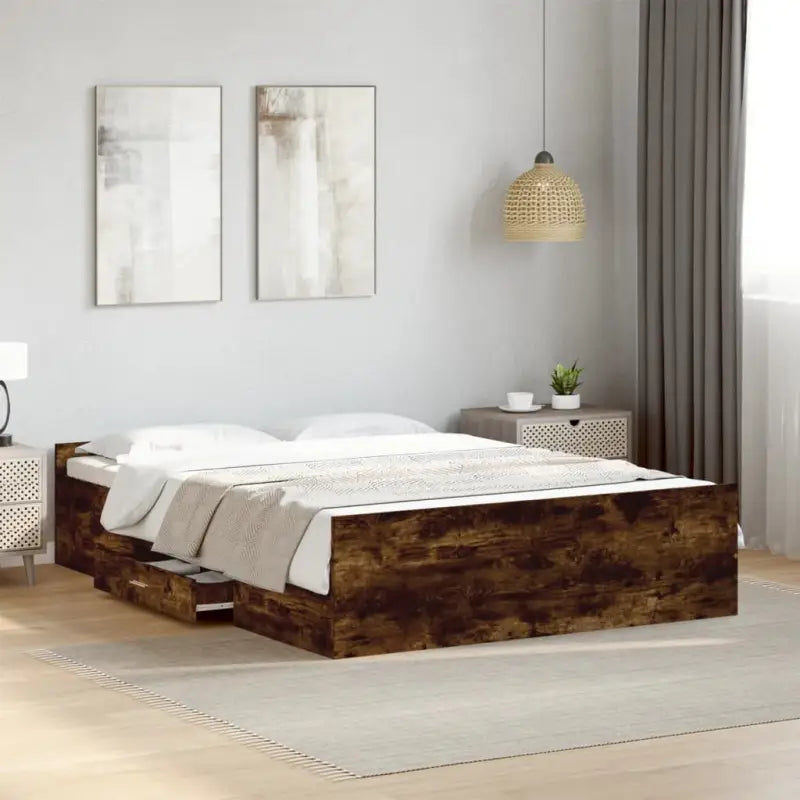 Moderne bedframe met lades van bewerkt hout voor een stijlvolle slaapkamer - Gerookt eiken / 120 x 190 cm - Bedden &