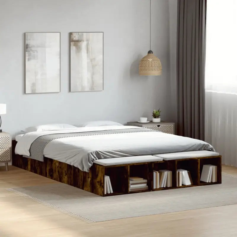 Moderne Grijs Sonoma Bedframe van Bewerkt Hout voor de Slaapkamer - Gerookt eiken / 150 x 200 cm - Bedden & bedframes