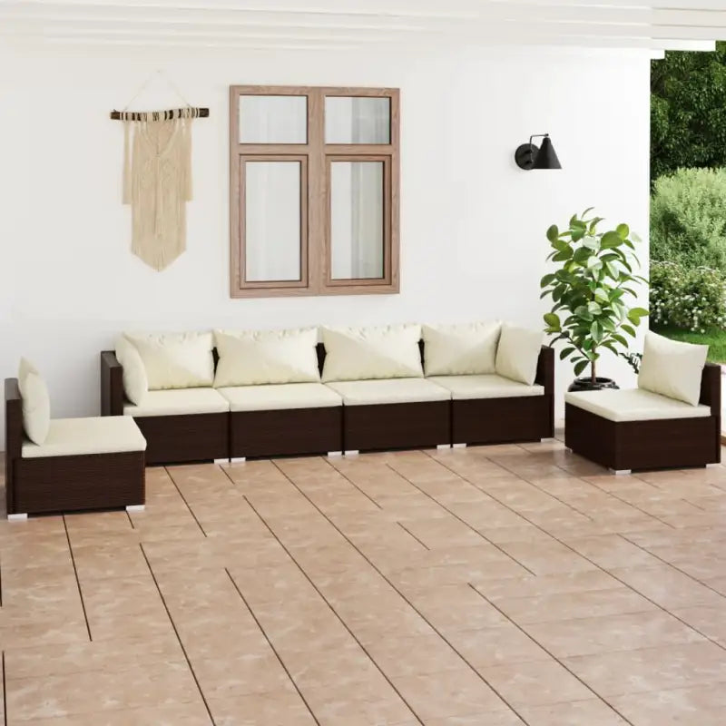 Moderne Tuinset met comfortabele zitkussen en stevige afmetingen - Bruin en crème / 2x hoek + 4x midden - Tuinsets