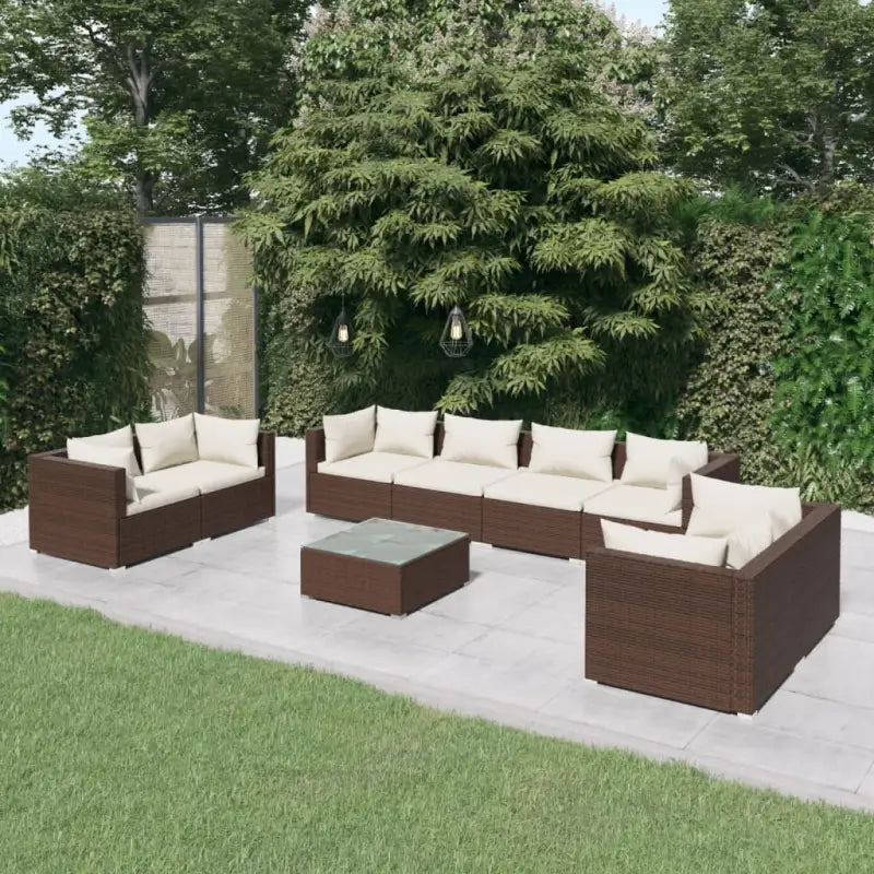 Moderne Tuinset met comfortabele zitkussen en stevige afmetingen - Bruin en crème / 6x hoek + 2x midden + Tafel