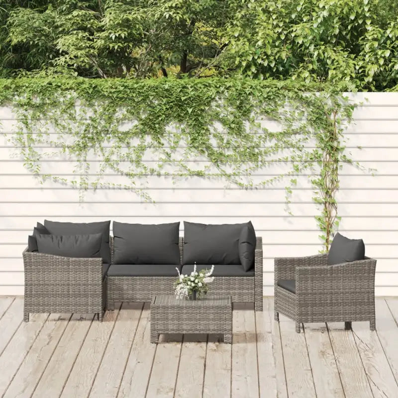 Moderne tuinset met poly rattan en armleuning links - 3x Fauteuil + hoek + midden + voetensteun - Tuinsets