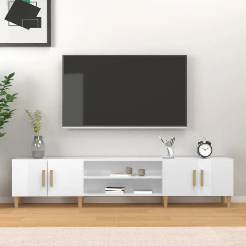 Moderne tv-meubel met bewerkt hout en houten poten voor strak interieur - Hoogglans wit / 1 - Tv-meubels