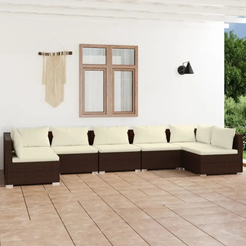 Modulaire poly rattan tuinset met comfortabele zitkussens en instelbare diepte - Bruin en crème / 2x hoek + 5x midden