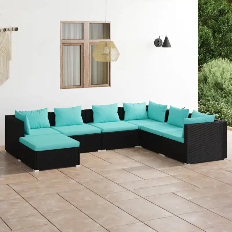 Modulaire poly rattan tuinset met comfortabele zitkussens en instelbare diepte - Zwart en blauw / 3x hoek + 3x midden