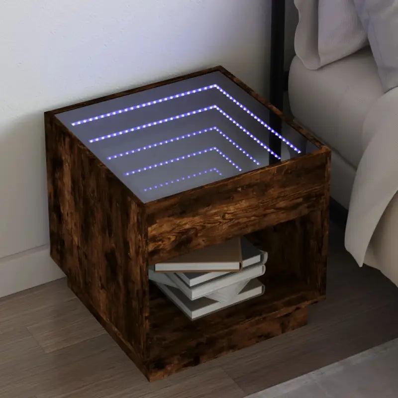 Nachtkastje van bewerkt hout met infinity LED-verlichting en duurzaam design - Gerookt eiken / 50 x 50 x 50 cm / 1