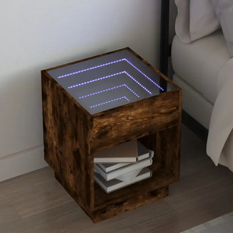 Nachtkastje van bewerkt hout met infinity LED-verlichting en duurzaam design - Gerookt eiken / 40 x 40 x 50 cm / 1
