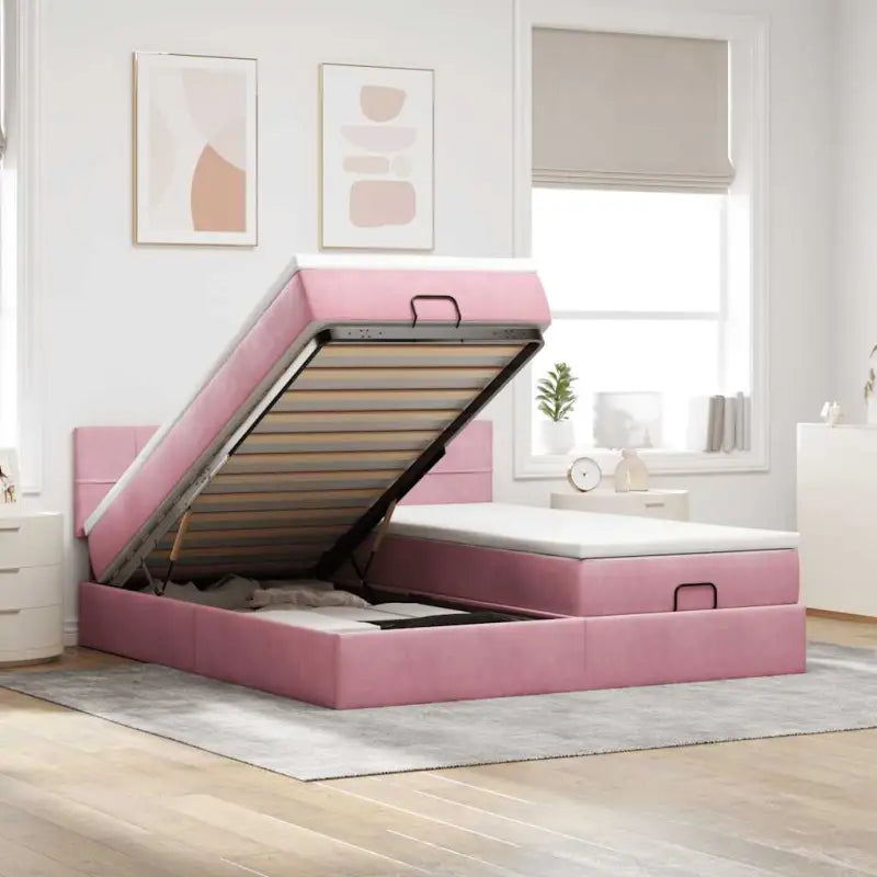 Ottomaanse bed met ruime opbergruimte en roze materiaal vulling - Roze / 180 x 200 cm / Blok met vierkanten - Bedden &