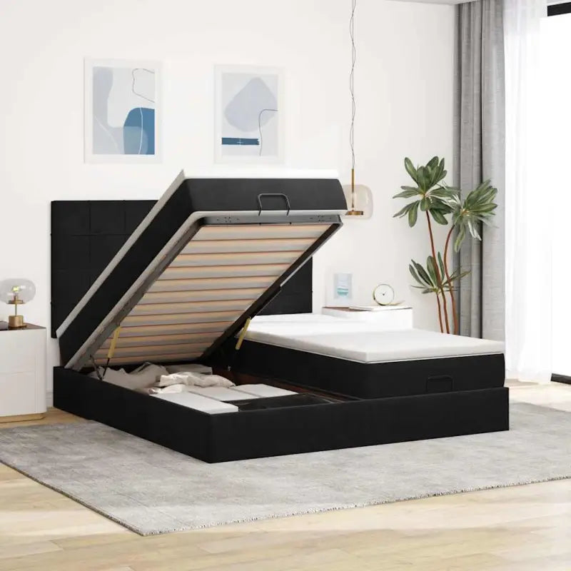 Ottomaanse bed met ruime opbergruimte en zwart materiaal - Zwart / 200 x 200 cm / Blok met vierkanten - Bedden &