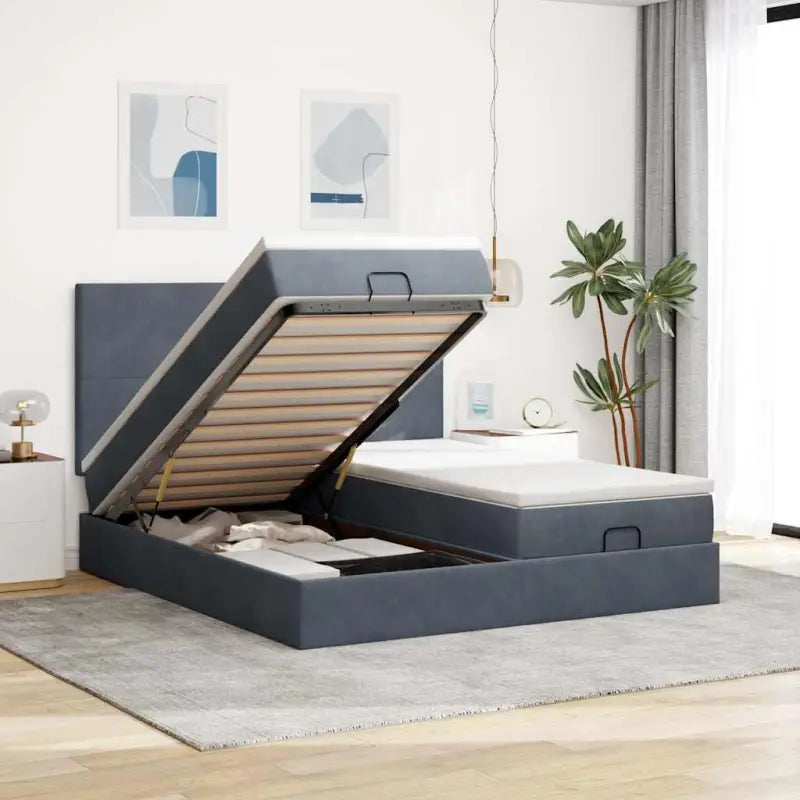 Ottomaanse bed met ruime opbergruimte en zwart materiaal - Donkergrijs / 200 x 200 cm / Effen ontwerp - Bedden &