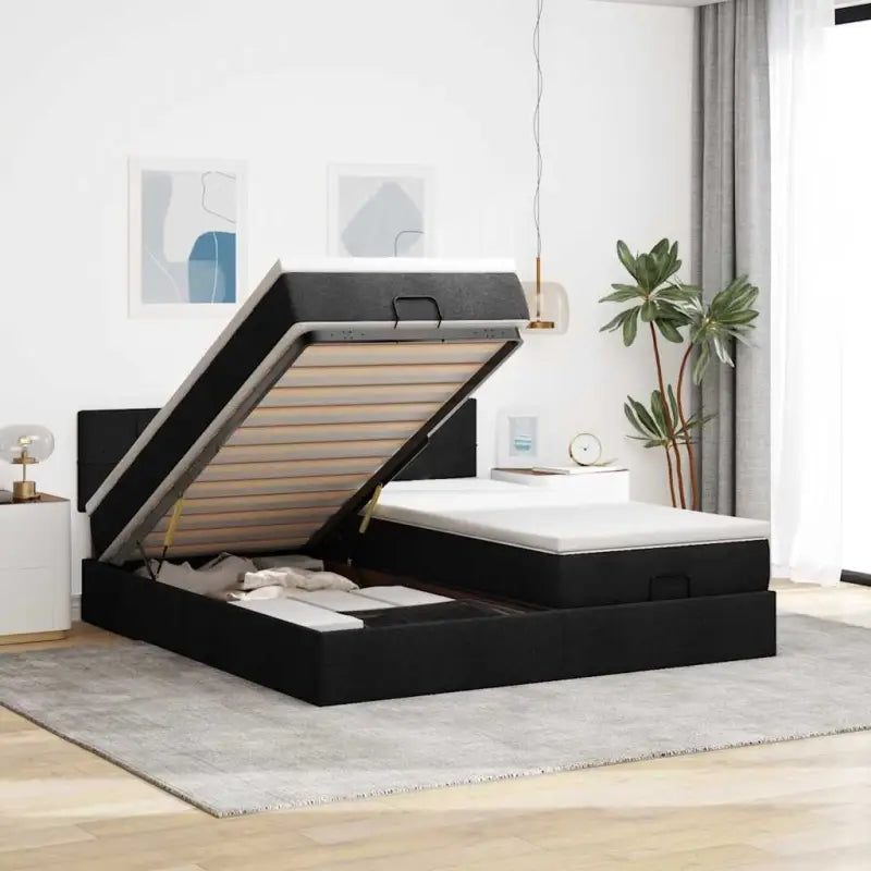Ottomaanse bed met ruime opbergruimte en zwart materiaal voor comfort - Zwart / 160 x 200 cm / Blok met vierkanten