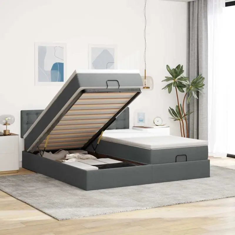 Ottomaanse bed met ruime opbergruimte in lichtgrijs materiaal - Donkergrijs / 160 x 200 cm / knopen - Bedden & bedframes