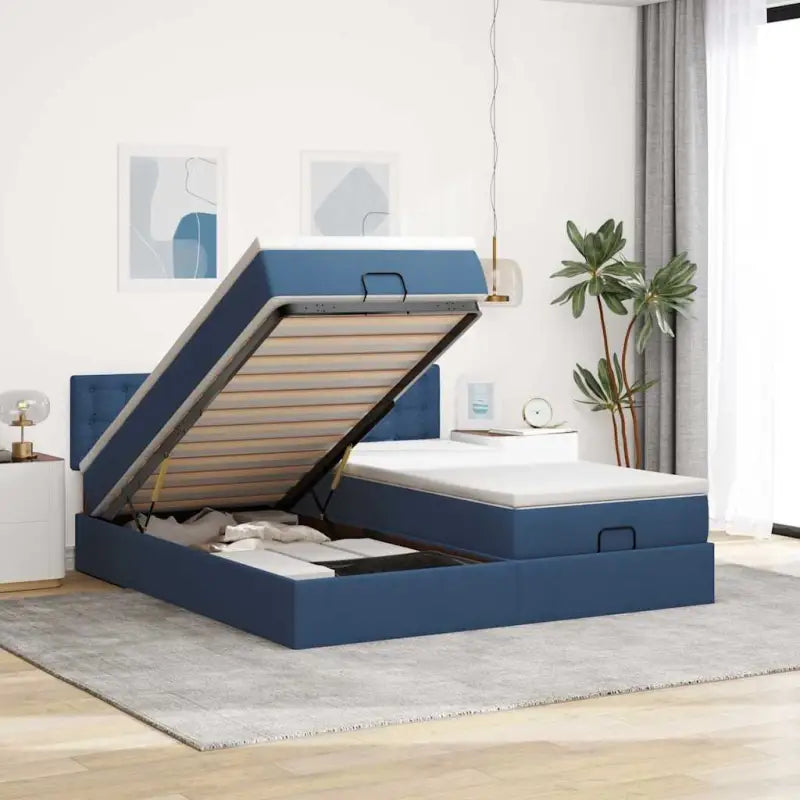 Ottomaanse bed met ruime opbergruimte in lichtgrijs materiaal - Blauw / 160 x 200 cm / knopen - Bedden & bedframes