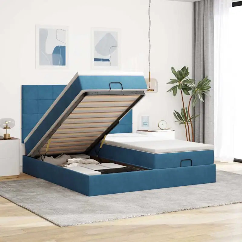 Ottomaanse bed met ruime opbergruimte in zwart materiaal - Donkerblauw / 160 x 200 cm / Blok met vierkanten - Bedden &